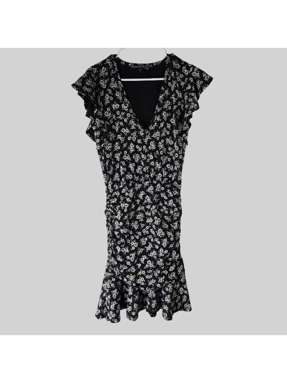Veronica Beard Dress S Black Floral Stretchy Ruched Ruffle Cottage Core Romantic